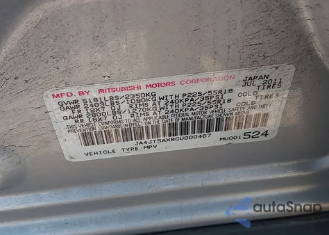 2012 Mitsubishi Outlander Gt from USA, damaged, VIN JA4JT5AX8CU000467